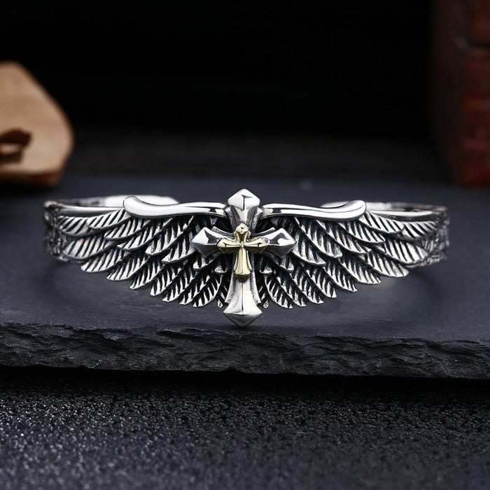 Vintage Two - Tone Silver Wing Cross Ornament Bracelet: A Cherished Symbol of Spiritual Connection