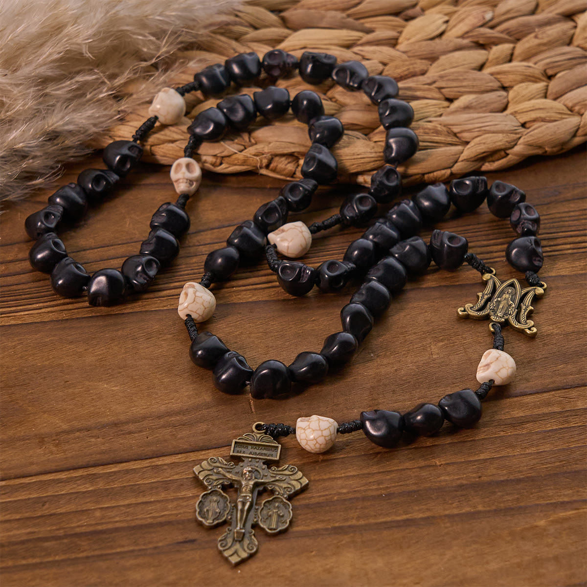 Light Over Darkness - Pardon Crucifix of Mercy with Black Skull Beads Prayer Rosary