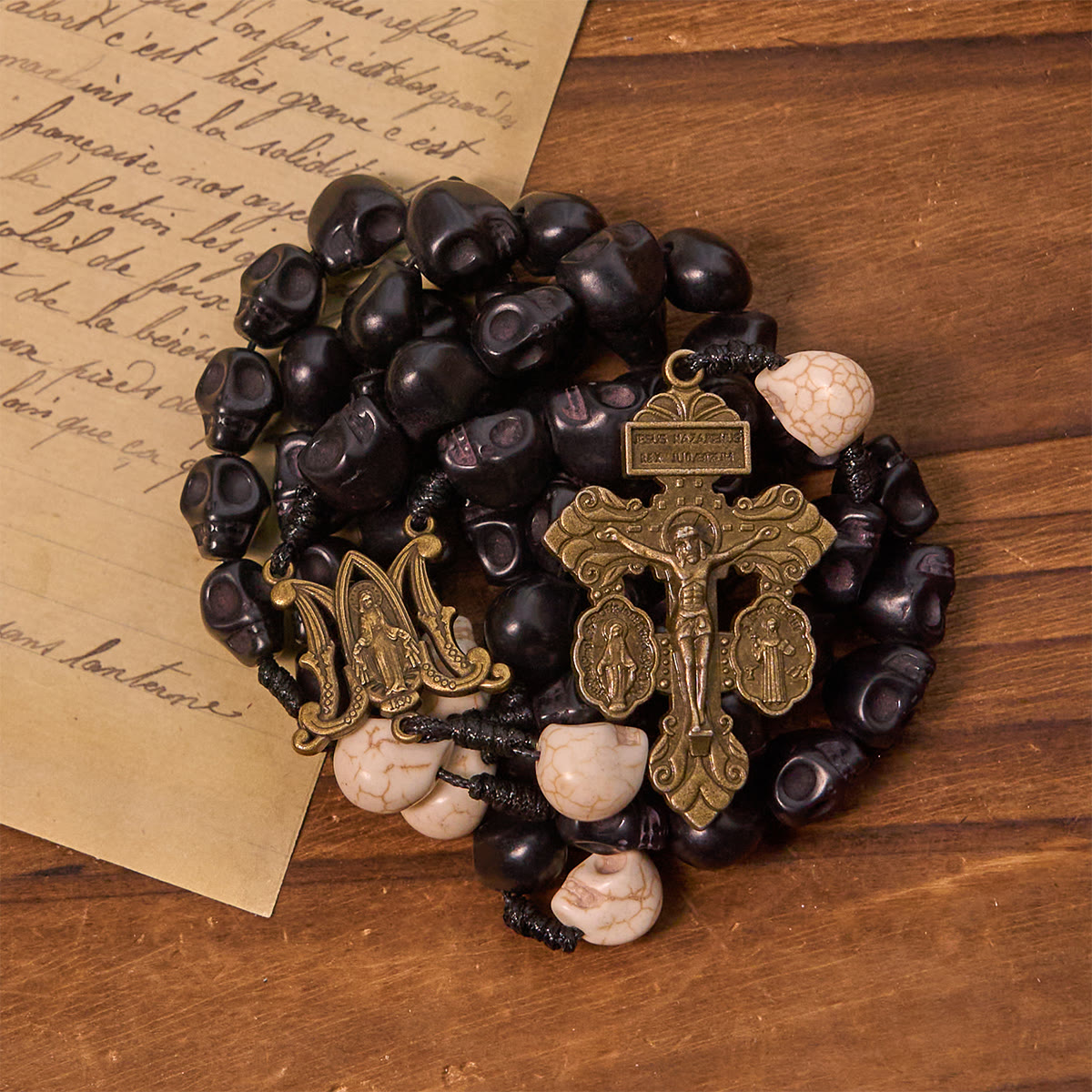 Light Over Darkness - Pardon Crucifix of Mercy with Black Skull Beads Prayer Rosary