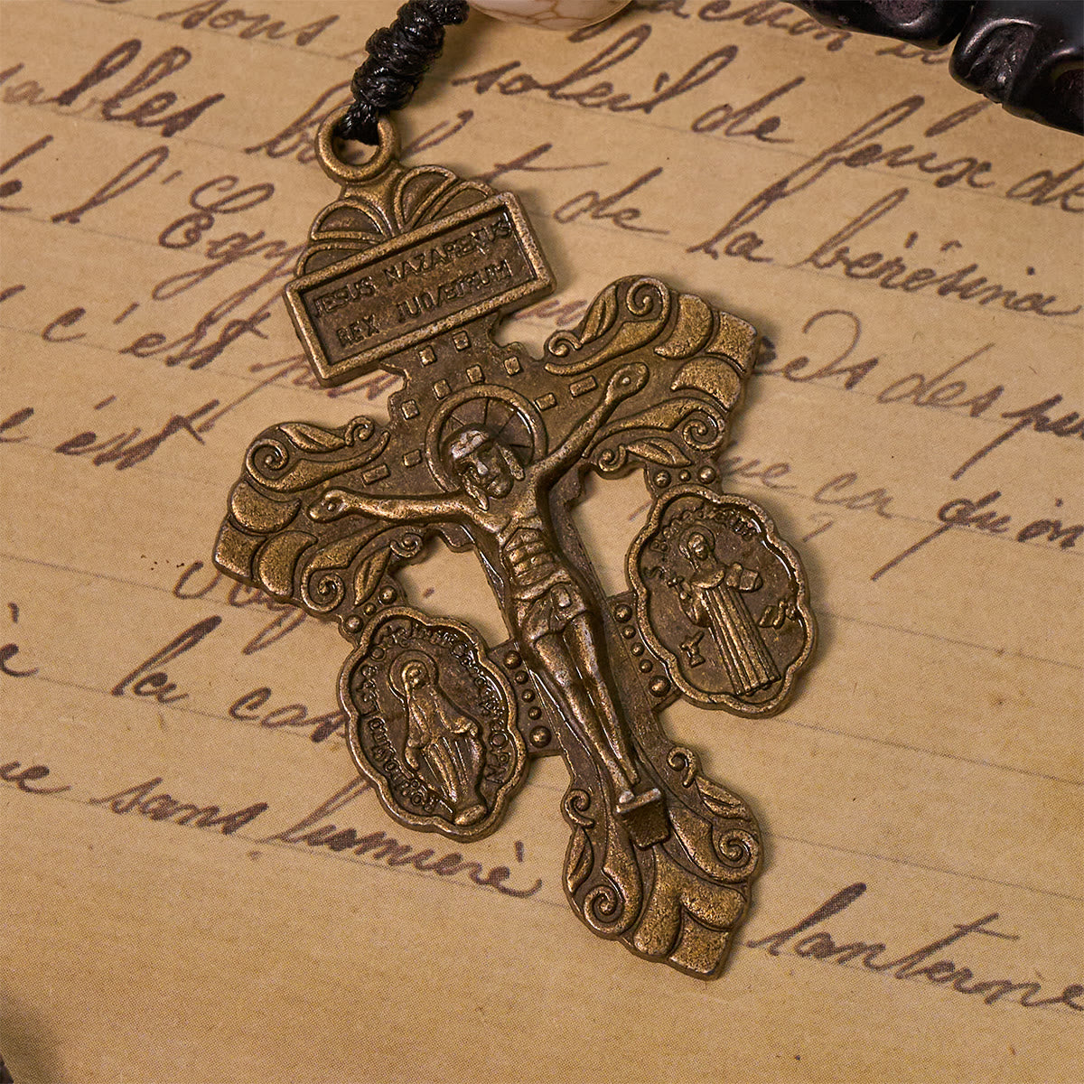 Light Over Darkness - Pardon Crucifix of Mercy with Black Skull Beads Prayer Rosary