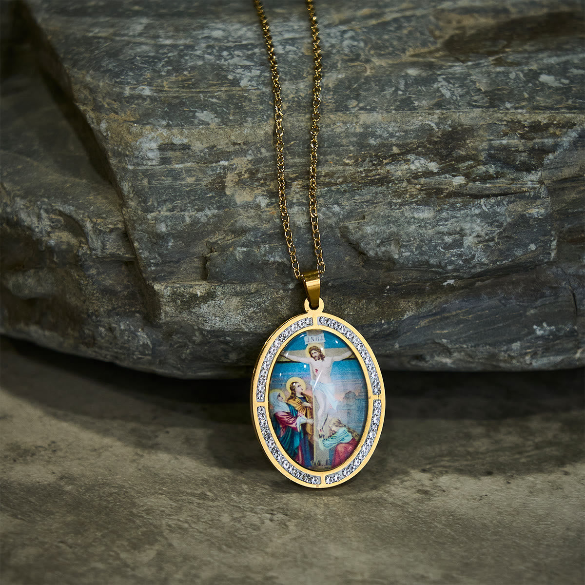 Vintage Style Oval Crucifix Scene Pendant Necklace with Sparkling Frame