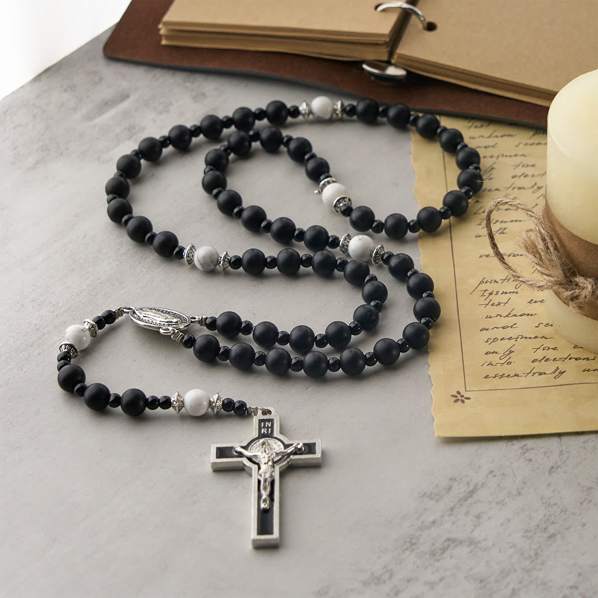 Handcrafted Matte Black Beads Rosary with Crucifix & Our Lady of Guadalupe