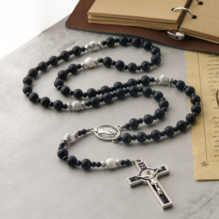 Handcrafted Matte Black Beads Rosary with Crucifix & Our Lady of Guadalupe