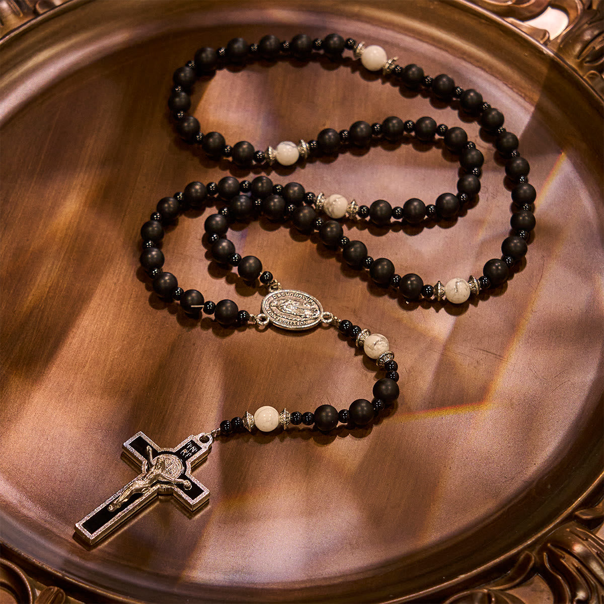 Handcrafted Matte Black Beads Rosary with Crucifix & Our Lady of Guadalupe