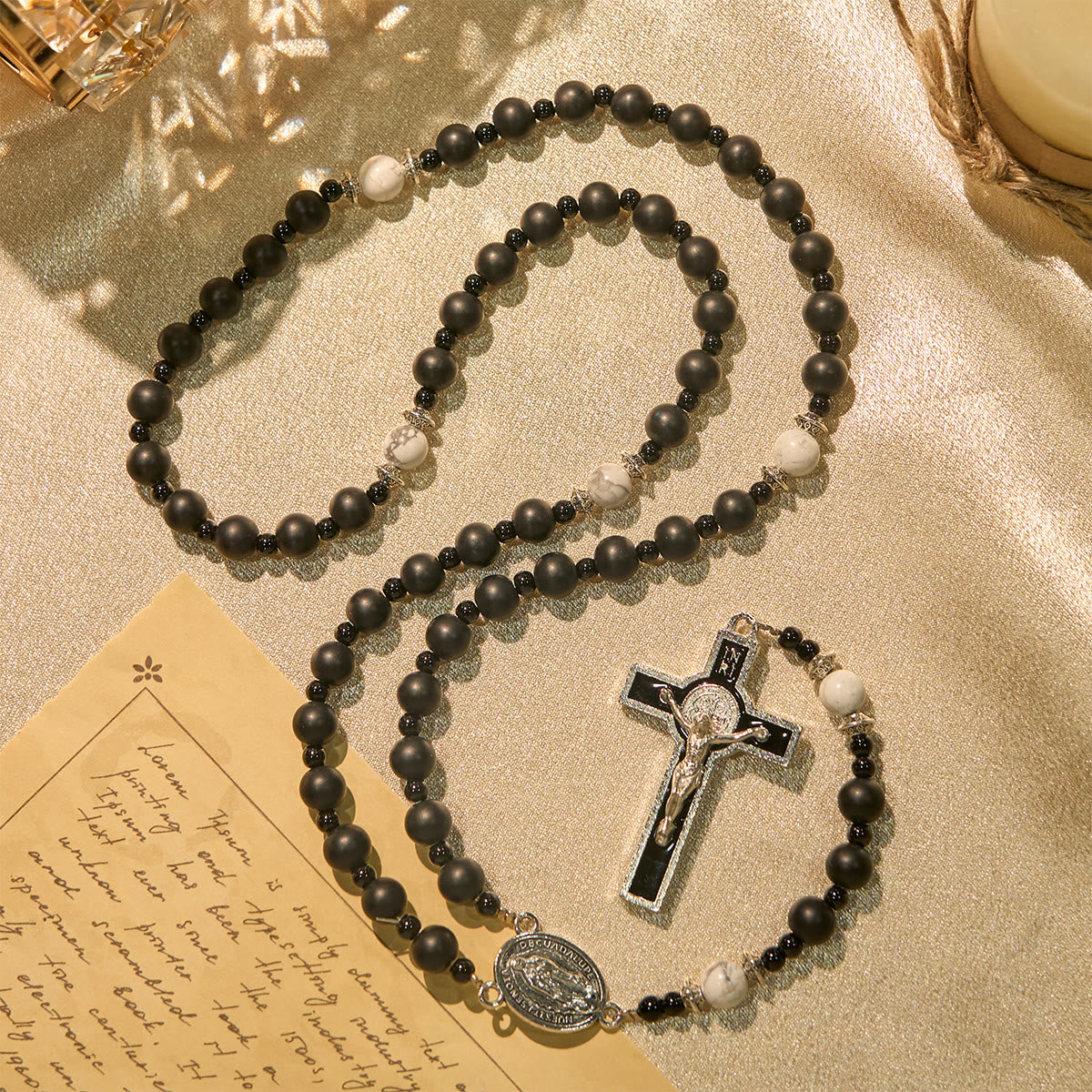 Handcrafted Matte Black Beads Rosary with Crucifix & Our Lady of Guadalupe