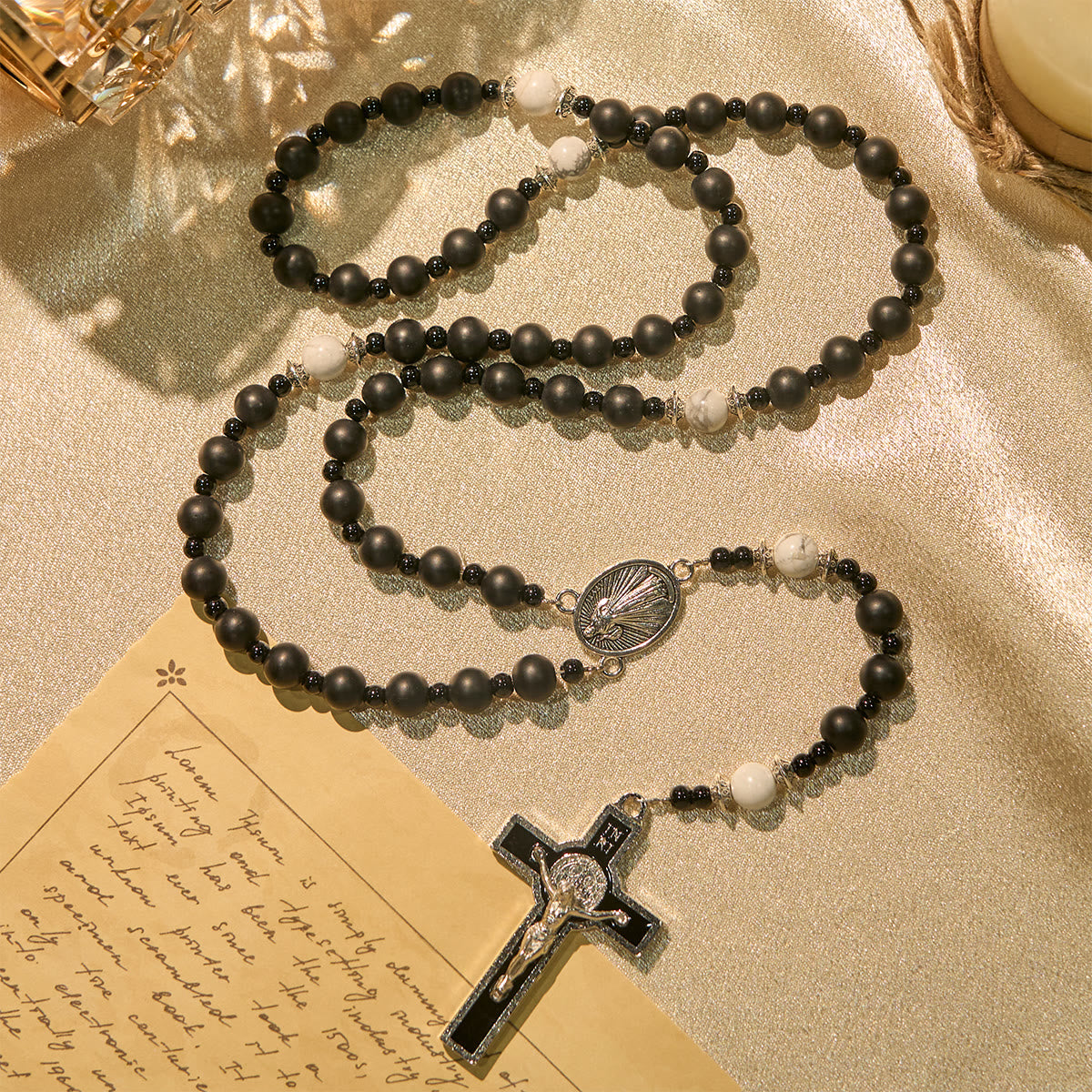 Handcrafted Matte Black Beads Rosary with Crucifix & Our Lady of Guadalupe