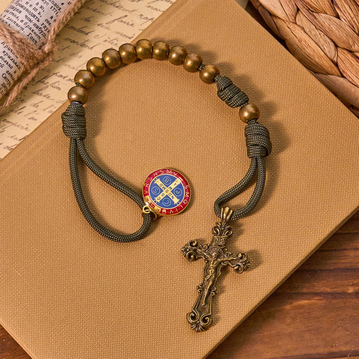 St. Benedict Protection All-Place Portable Bronze Beads Nylon Cord Pocket Rosary