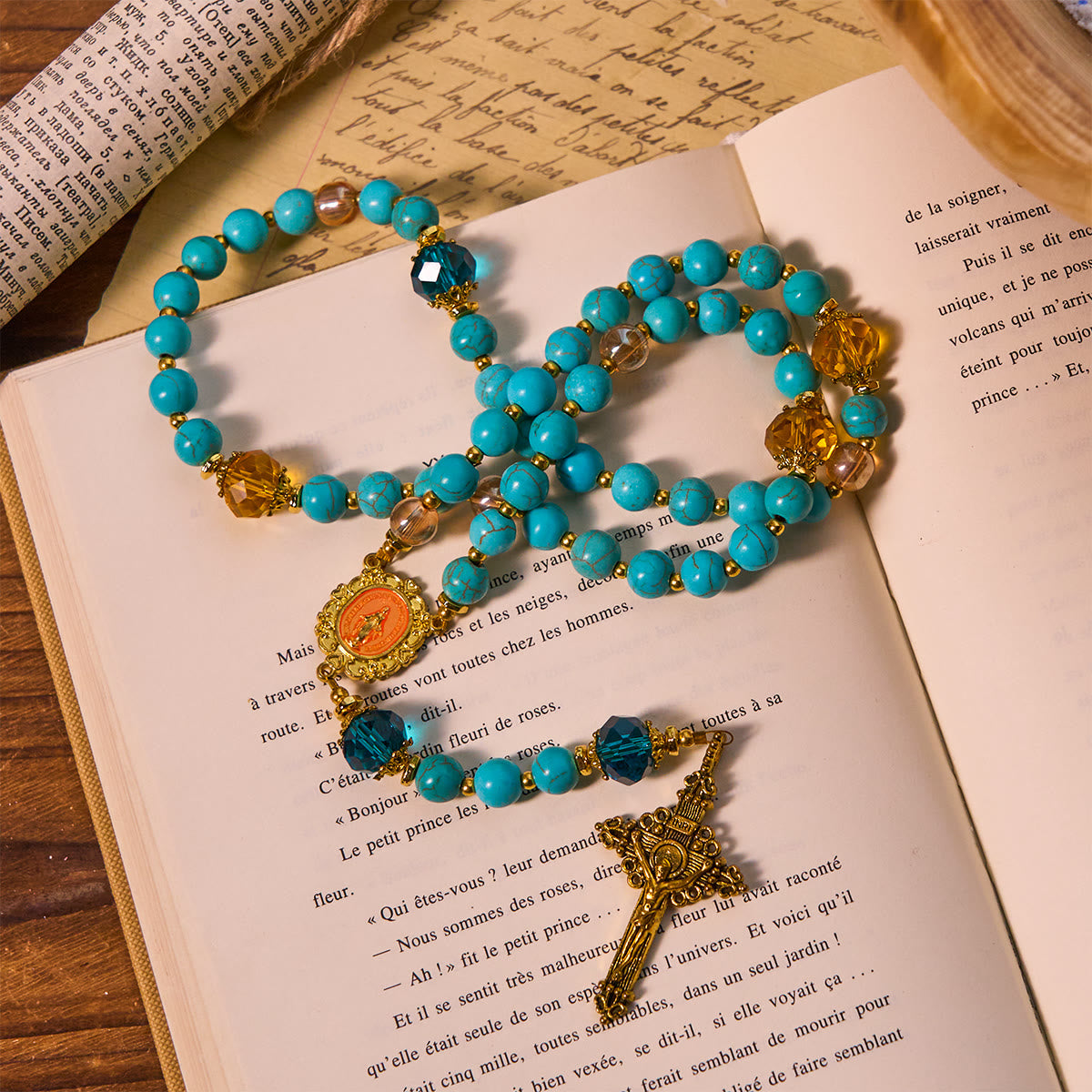 Classic Turquoise Bead & Golden Alloy Rosary with Crucifix & Miraculous Medal