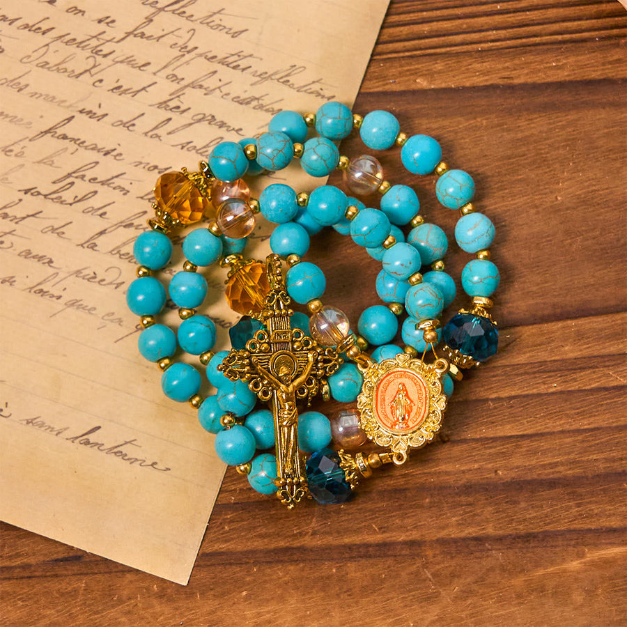 Classic Turquoise Bead & Golden Alloy Rosary with Crucifix & Miraculous Medal