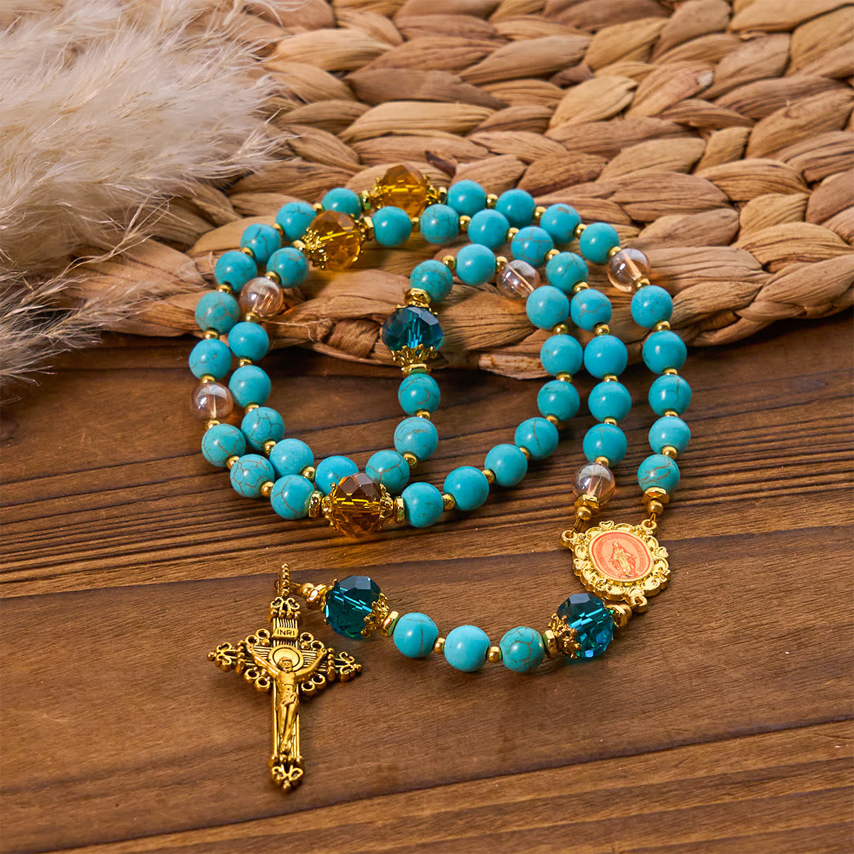 Classic Turquoise Bead & Golden Alloy Rosary with Crucifix & Miraculous Medal
