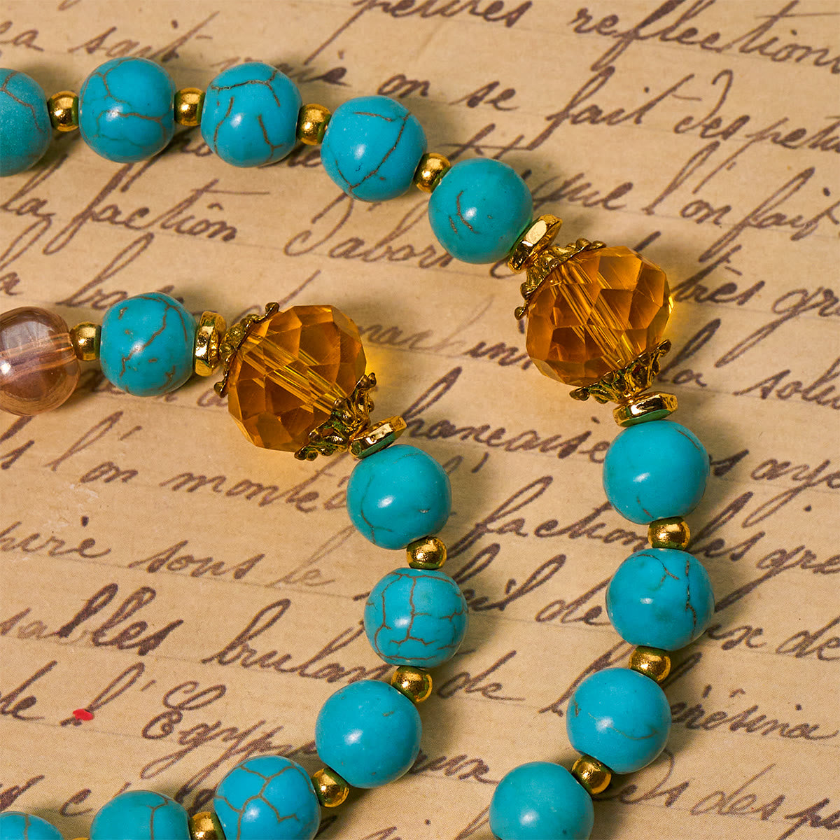 Classic Turquoise Bead & Golden Alloy Rosary with Crucifix & Miraculous Medal