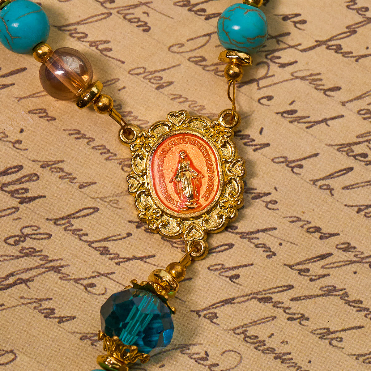 Classic Turquoise Bead & Golden Alloy Rosary with Crucifix & Miraculous Medal