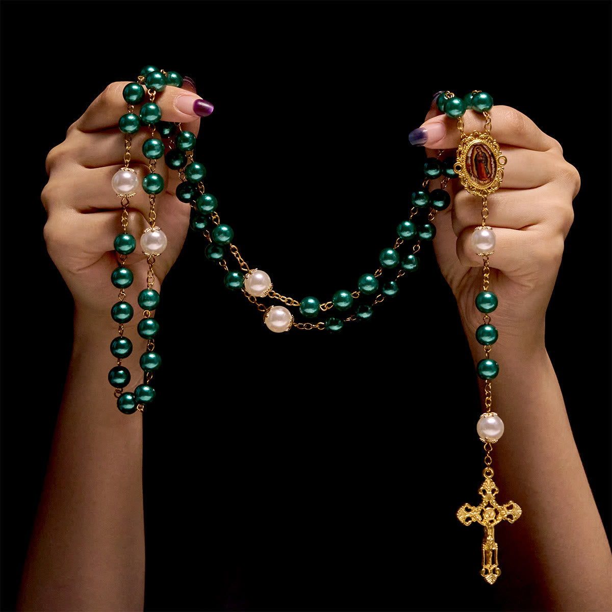 Teal Bead Rosary with Golden - Toned Crucifix & Miraculous Medal