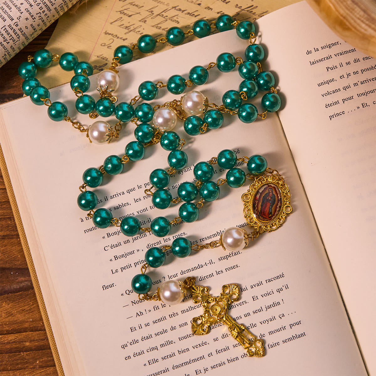 Teal Bead Rosary with Golden - Toned Crucifix & Miraculous Medal