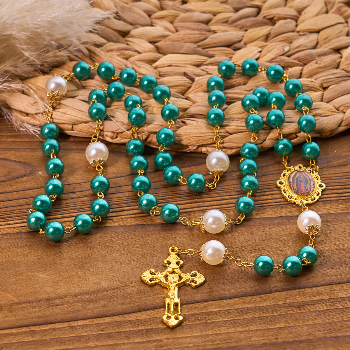 Teal Bead Rosary with Golden - Toned Crucifix & Miraculous Medal