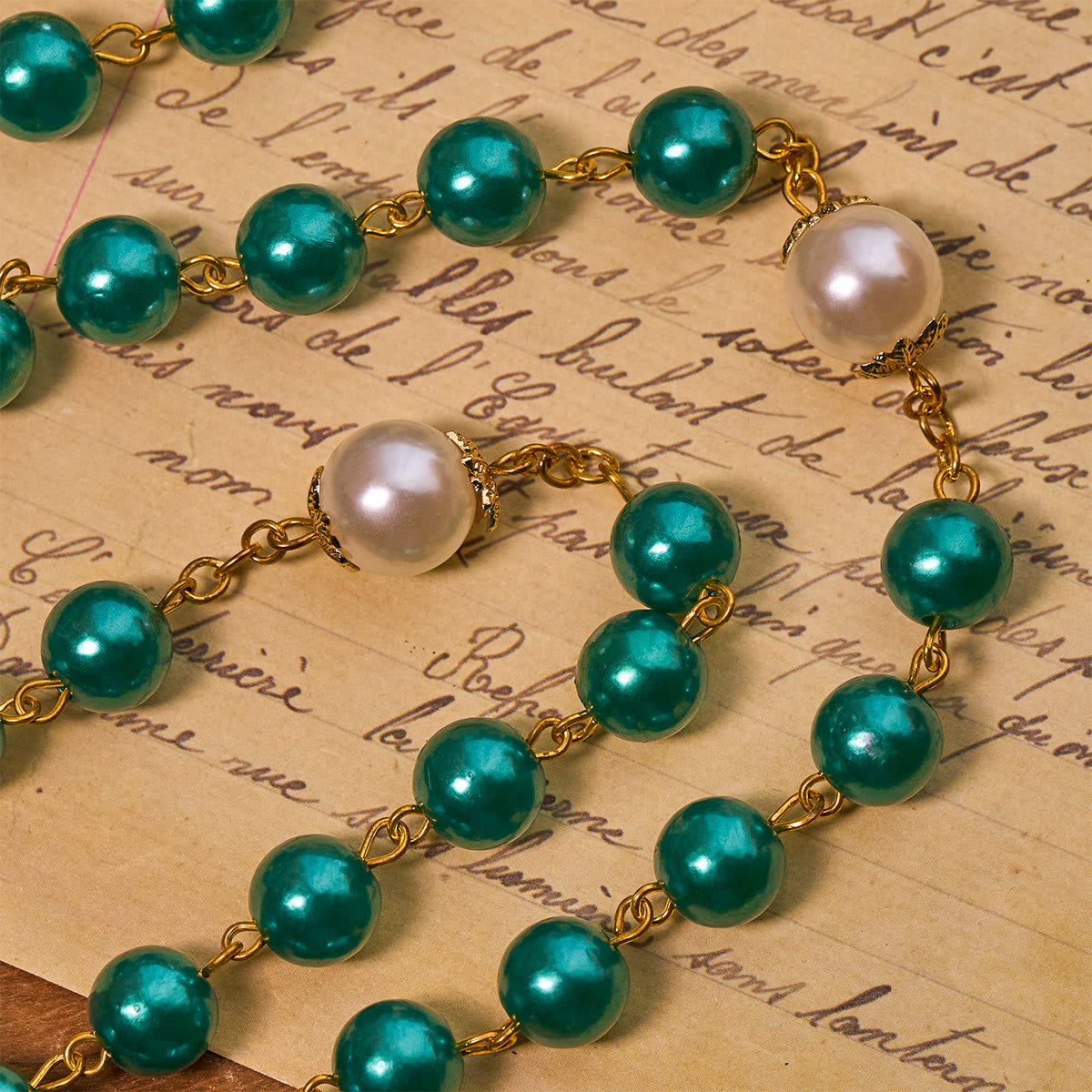 Teal Bead Rosary with Golden - Toned Crucifix & Miraculous Medal