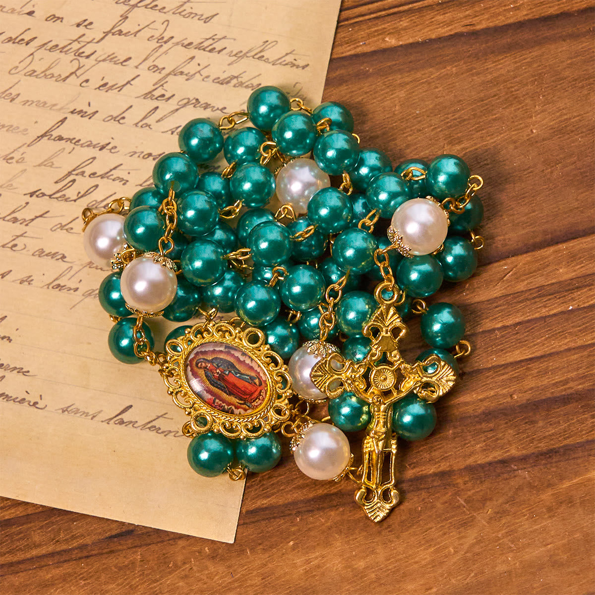 Teal Bead Rosary with Golden - Toned Crucifix & Miraculous Medal