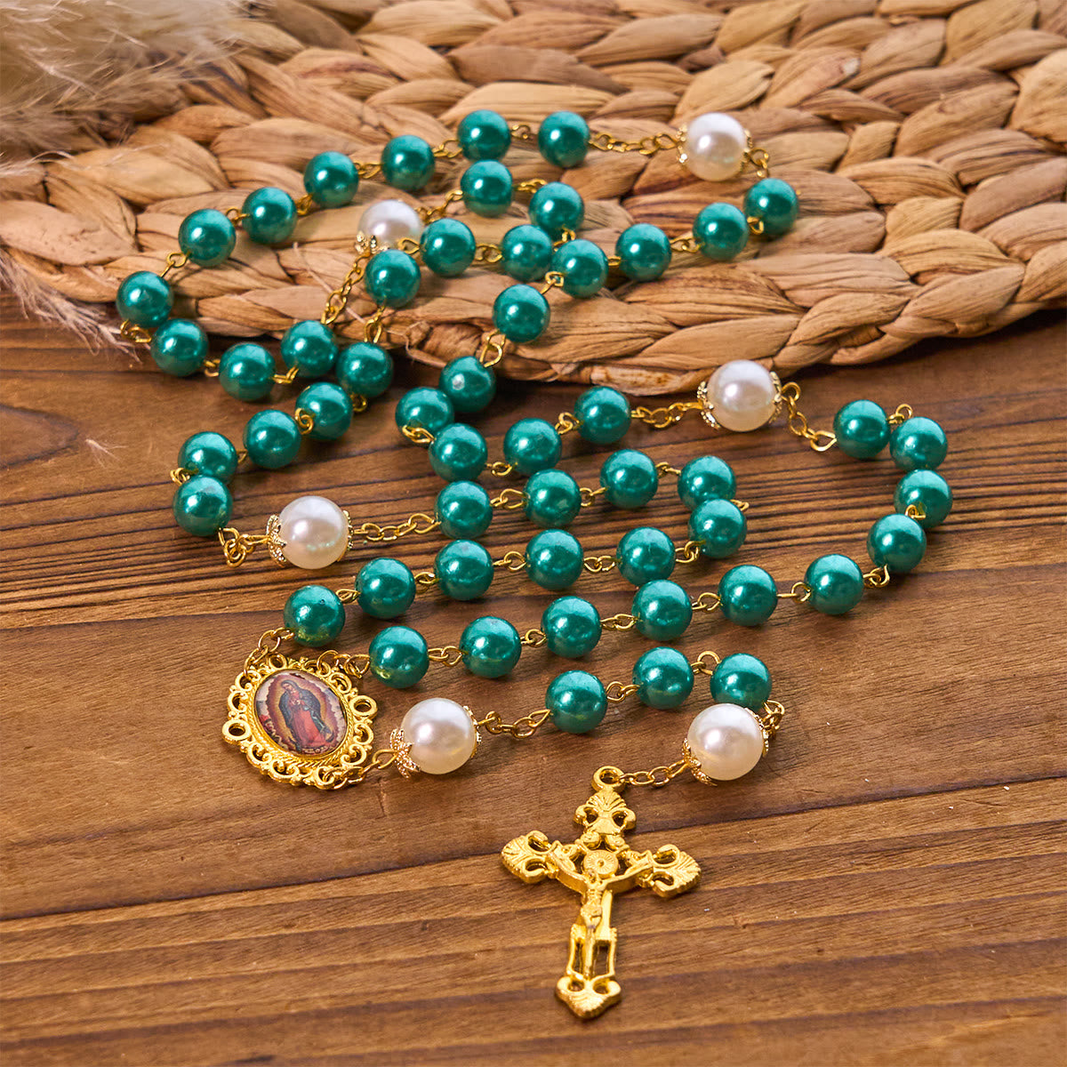 Teal Bead Rosary with Golden - Toned Crucifix & Miraculous Medal
