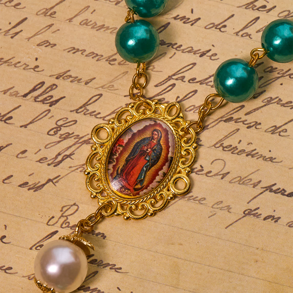 Teal Bead Rosary with Golden - Toned Crucifix & Miraculous Medal