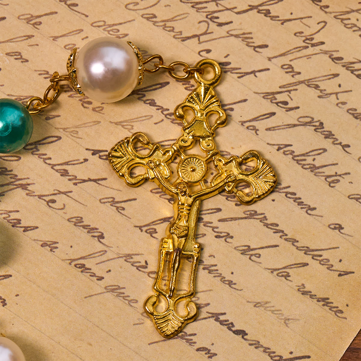 Teal Bead Rosary with Golden - Toned Crucifix & Miraculous Medal