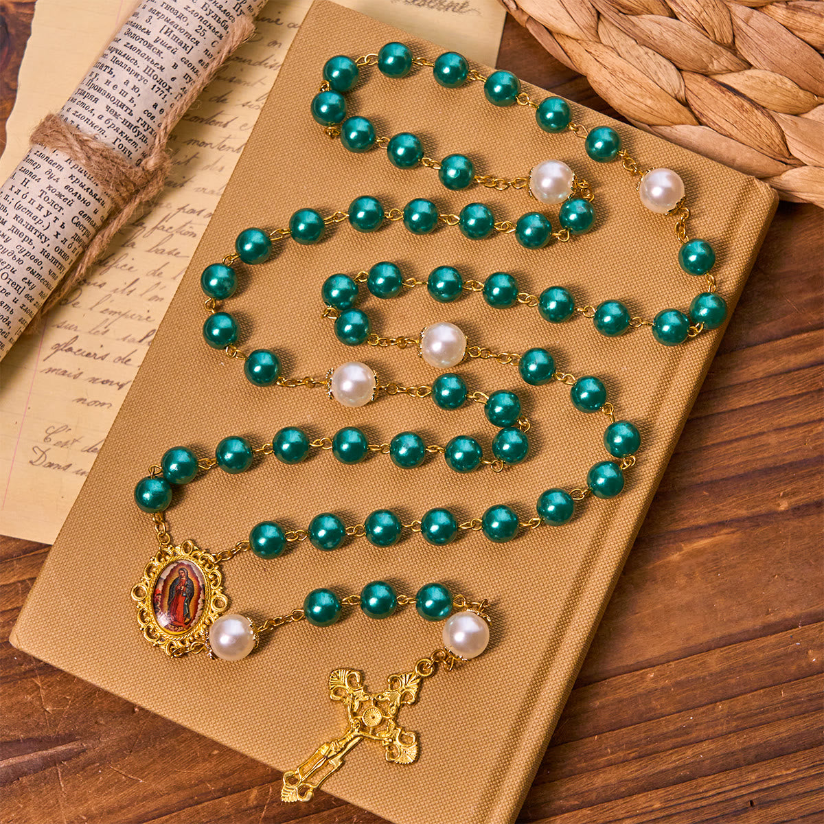 Teal Bead Rosary with Golden - Toned Crucifix & Miraculous Medal