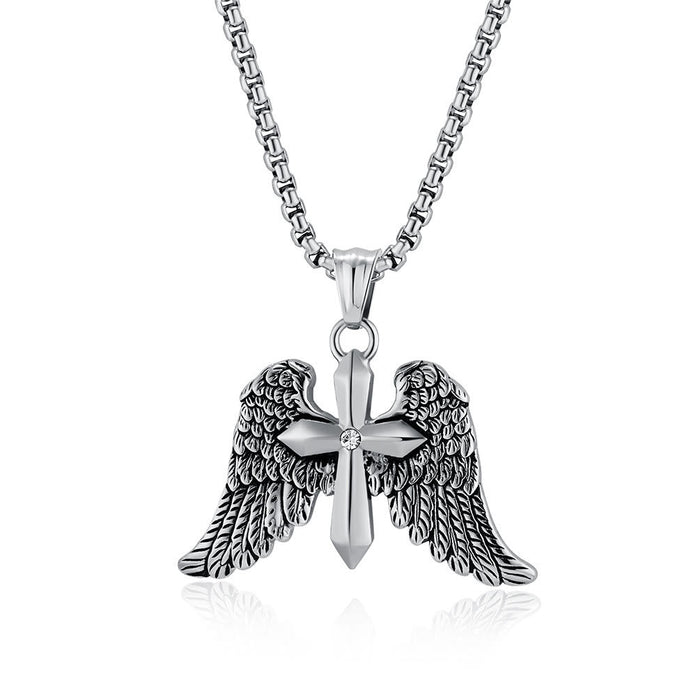 Tri - Color Winged Cross Pendant Necklace: Fusion of Faith and Edgy Style