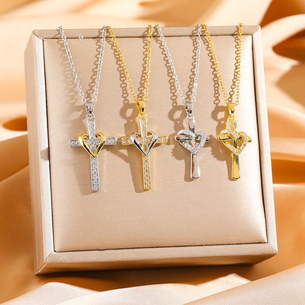 Dual - Tone Heart & Cross Necklace with Zircons: Fusion of Love and Faith