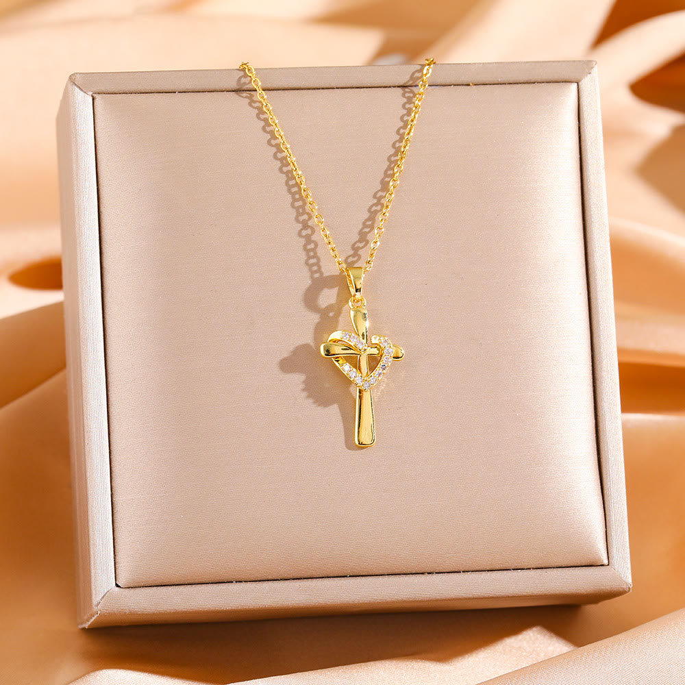 Dual - Tone Heart & Cross Necklace with Zircons: Fusion of Love and Faith
