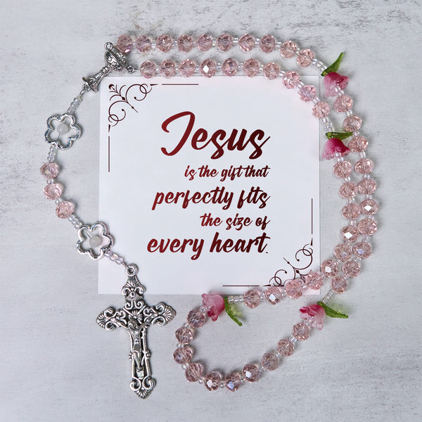 Jesus Is The Gift: Handmade Elegant Pink Crystal Rosary with 3D Rose Beads with Gift Card