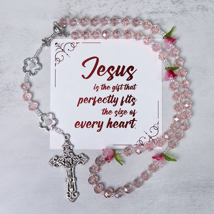 Jesus Is The Gift: Handmade Elegant Pink Crystal Rosary with 3D Rose Beads with Gift Card