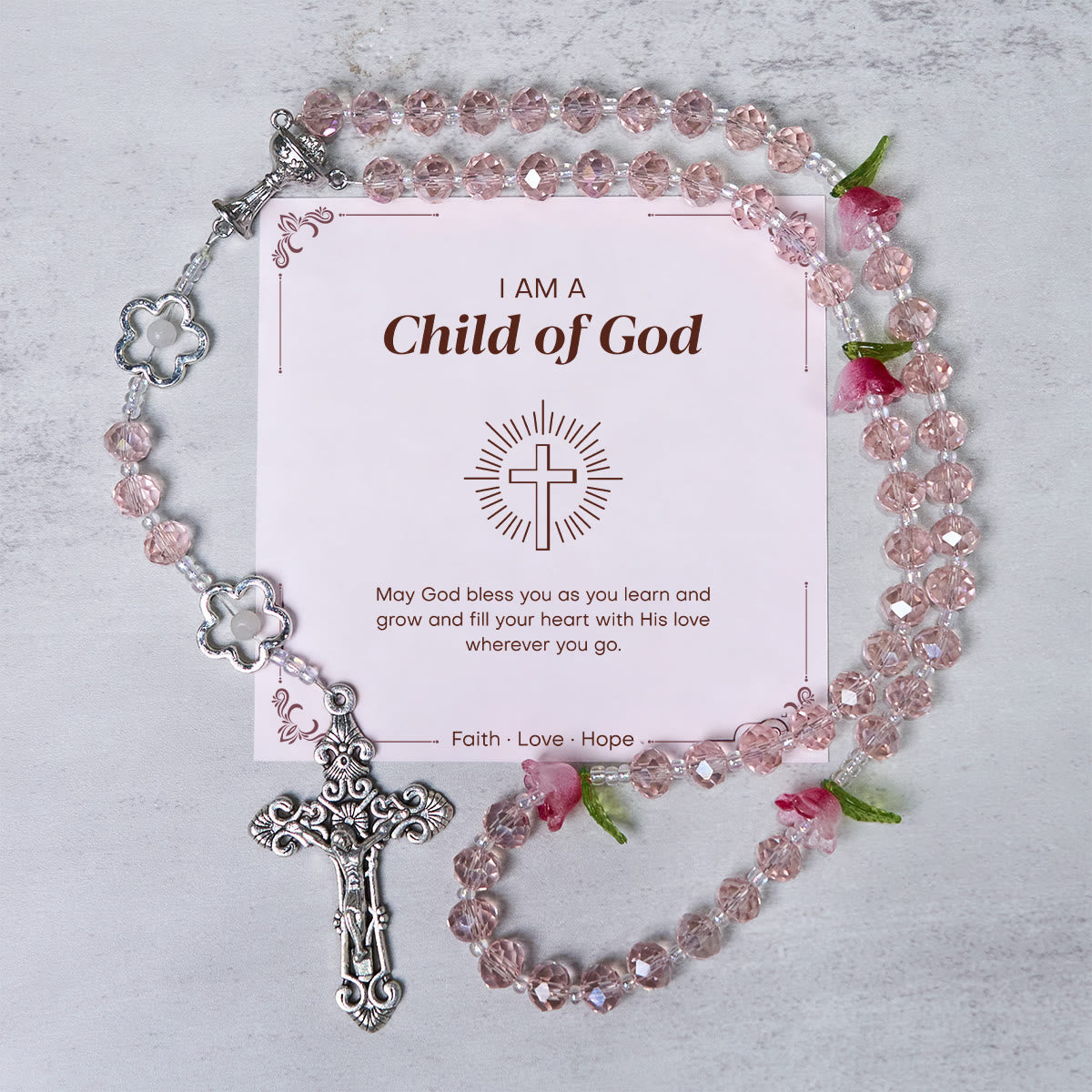Jesus Is The Gift: Handmade Elegant Pink Crystal Rosary with 3D Rose Beads with Gift Card