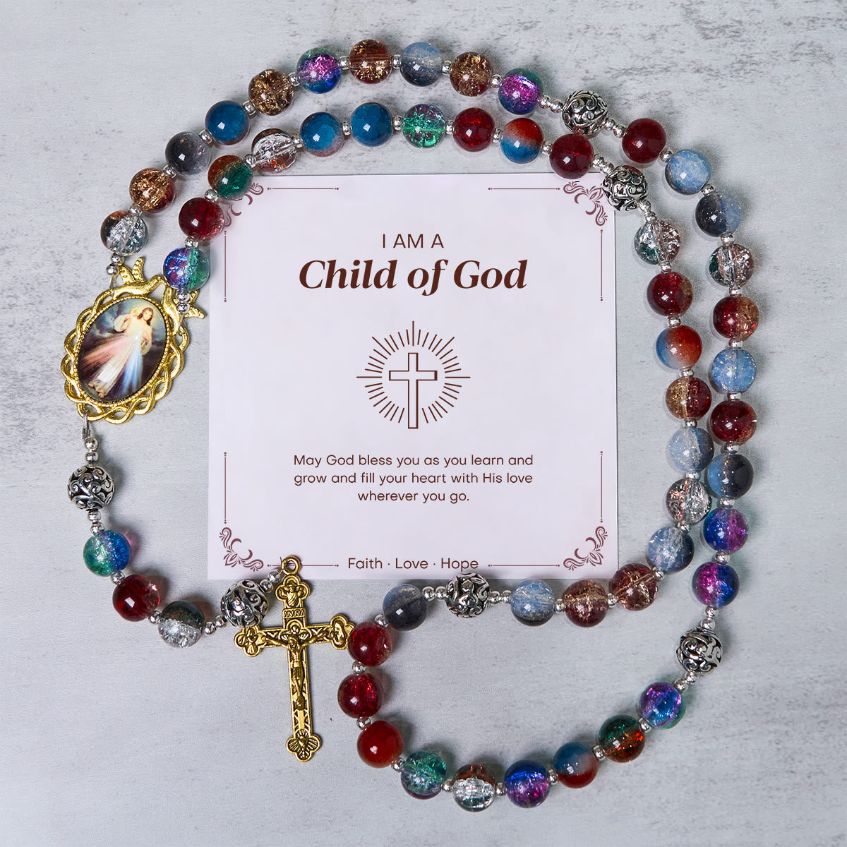 PRAYERFUL FAITH: Handmade Gradient Multicolor Glass Bead & Brass Crucifix Rosary with Gift Card