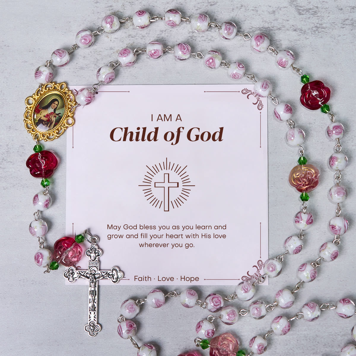 PRAYERFUL FAITH: Handmade Rose & Ivory Floral Elegance Rosary with Gift Card