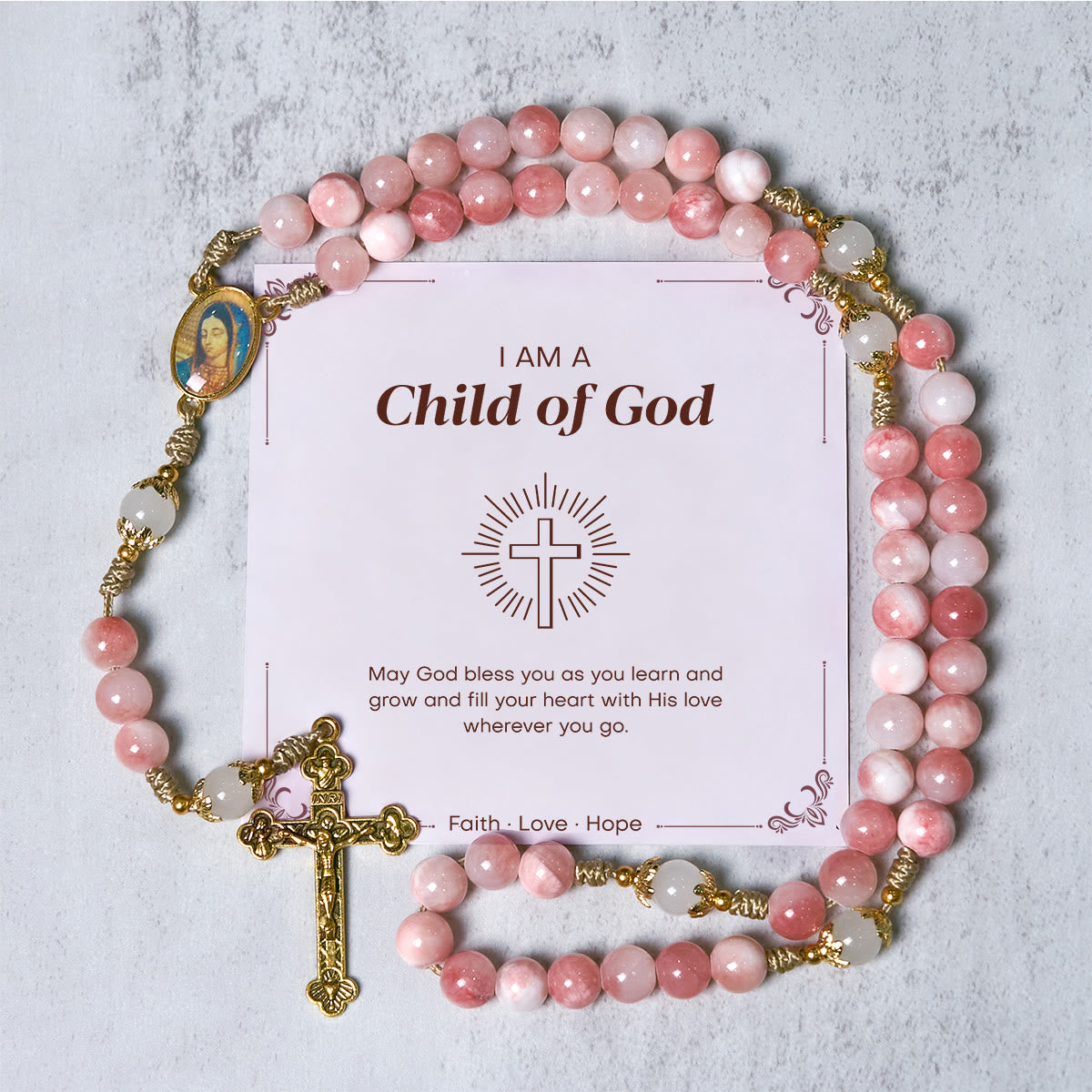PRAYERFUL FAITH: Handmade Pink Glossy Beads Rosary with Gift Card