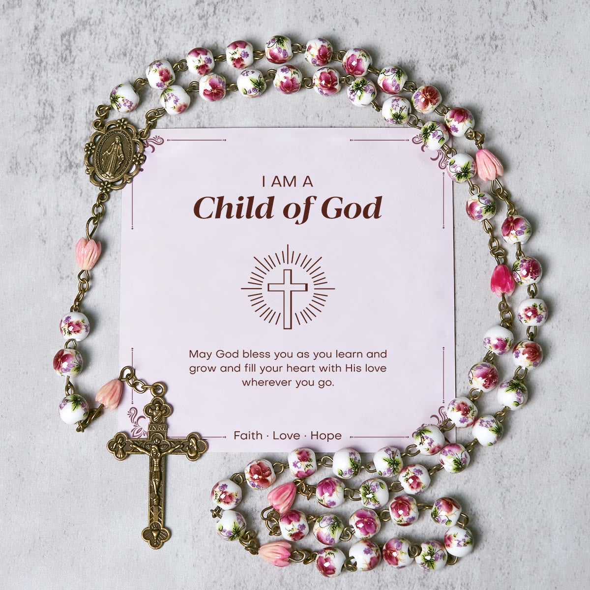 PRAYERFUL FAITH: Handmade Flower Resin Beads Rosary with Gift Card