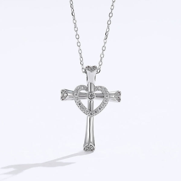 925 Silver Cross & Heart Zircon Necklace: Faith Meets Love in Sparkle
