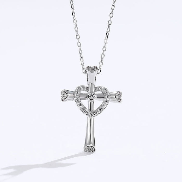 925 Silver Cross & Heart Zircon Necklace: Faith Meets Love in Sparkle