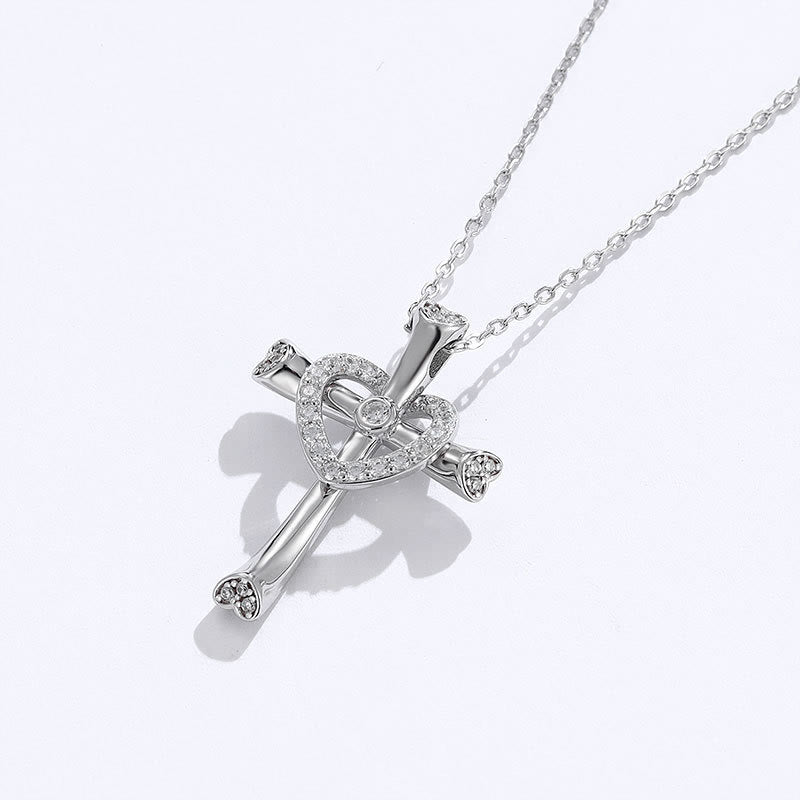 925 Silver Cross & Heart Zircon Necklace: Faith Meets Love in Sparkle