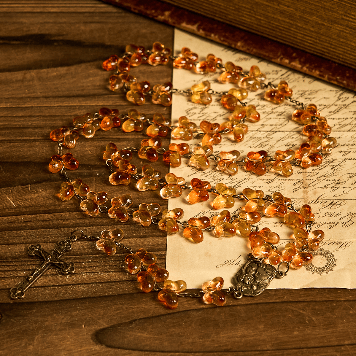 Amber Butterfly Beads with Crucifix & Holy Family Animal Rosary
