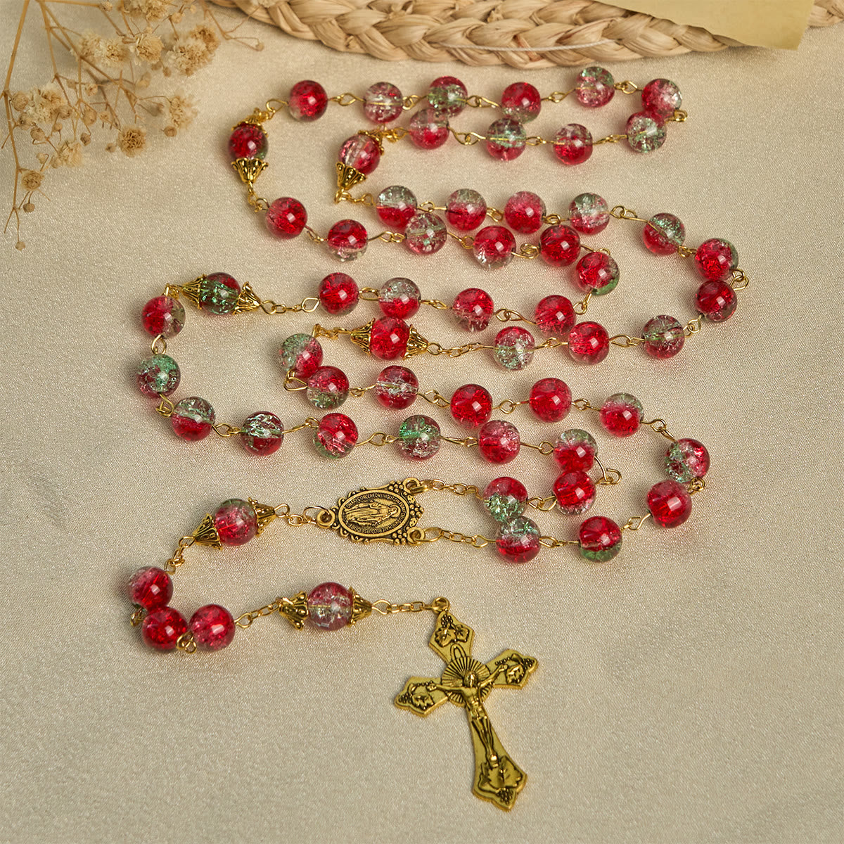 Christmas Gift: Christmas - Themed Red Bead Rosary with Golden Crucifix & Madonna Medal