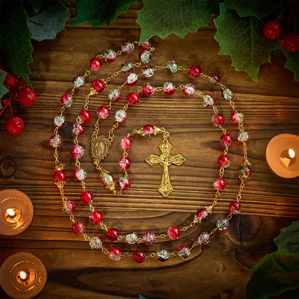 Christmas - Themed Red Bead Rosary with Golden Crucifix & Madonna Medal