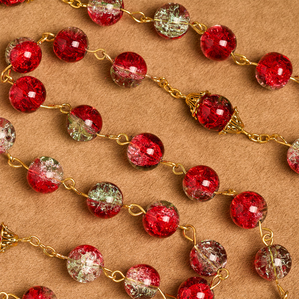 Christmas - Themed Red Bead Rosary with Golden Crucifix & Madonna Medal