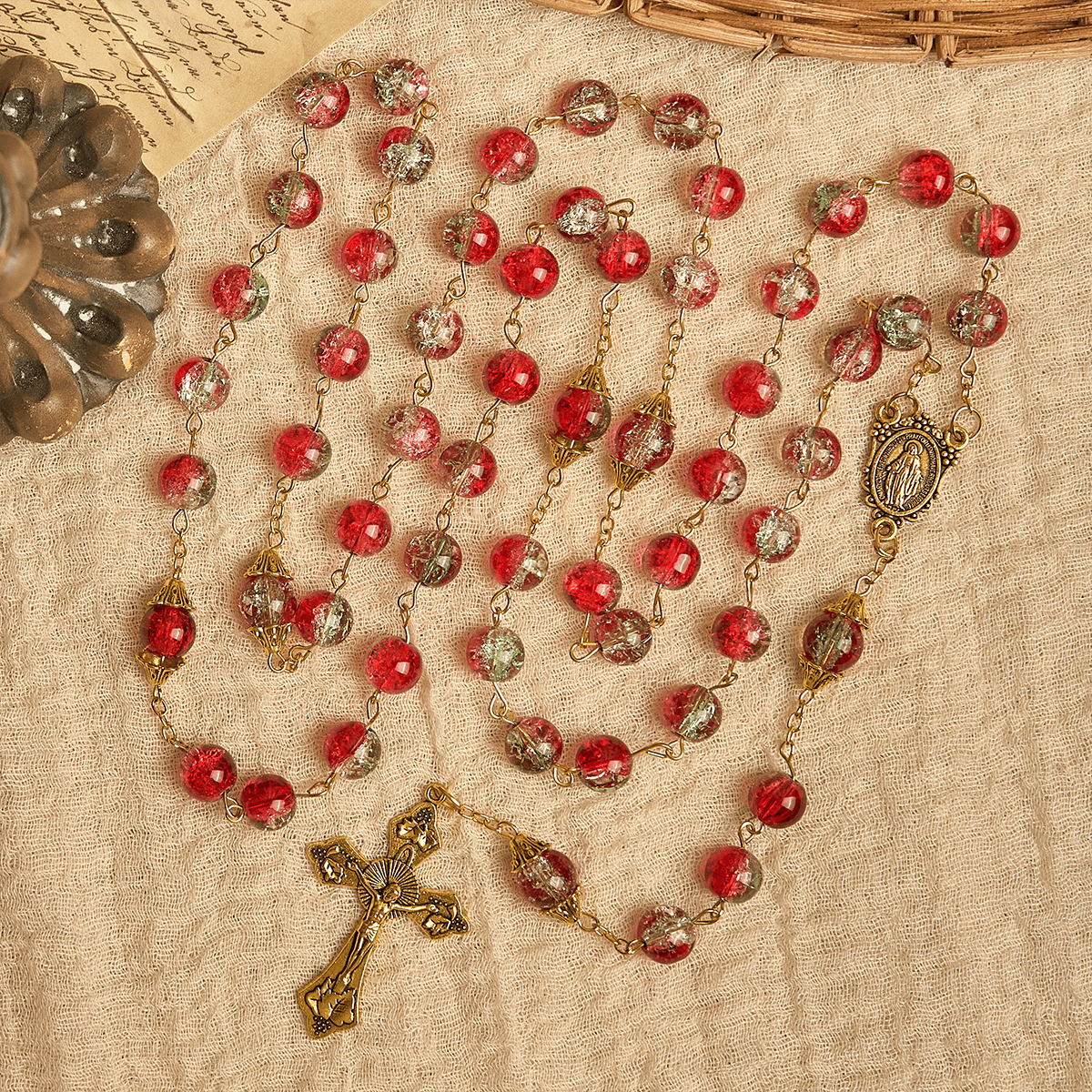 Christmas - Themed Red Bead Rosary with Golden Crucifix & Madonna Medal