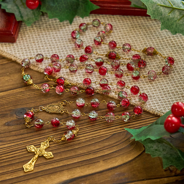 Christmas - Themed Red Bead Rosary with Golden Crucifix & Madonna Medal