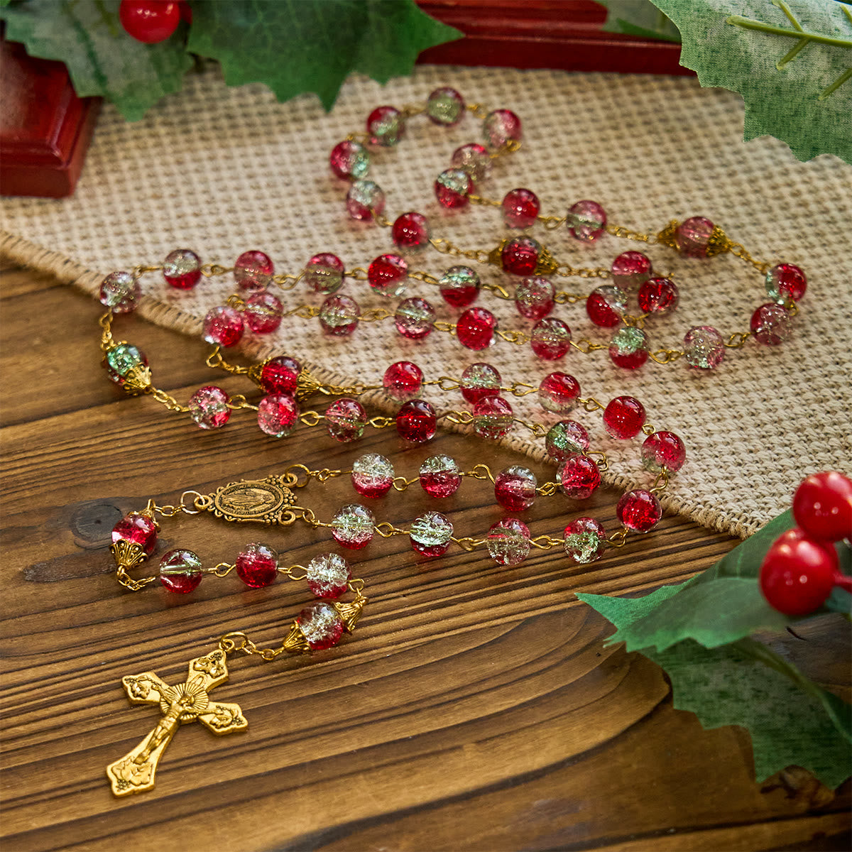 Christmas Gift: Christmas - Themed Red Bead Rosary with Golden Crucifix & Madonna Medal