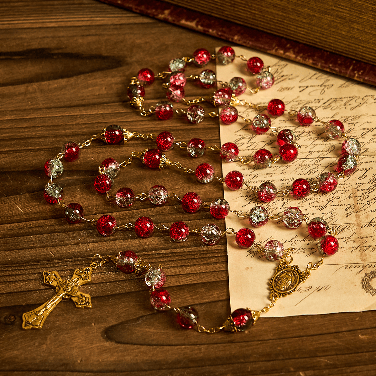 PRAYERFUL FAITH: Christmas-Themed Red Bead Rosary with Golden Crucifix & Madonna Medal