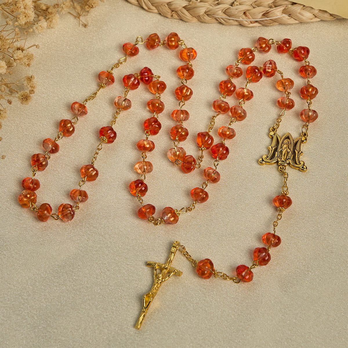 PRAYERFUL FAITH: Sacred Pumpkin Beads Rosary with Miraculous Medal and Cross