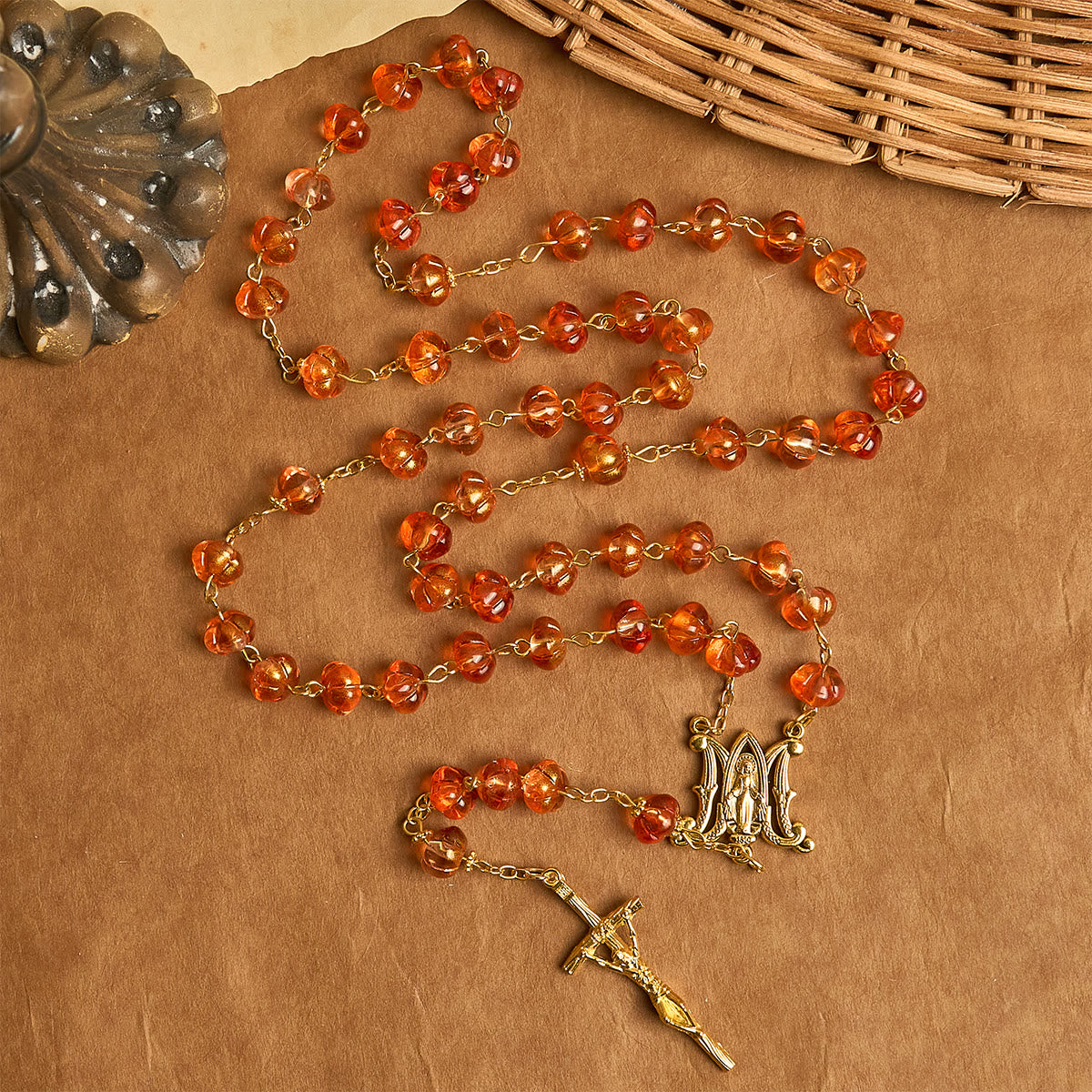 PRAYERFUL FAITH: Sacred Pumpkin Beads Rosary with Miraculous Medal and Cross