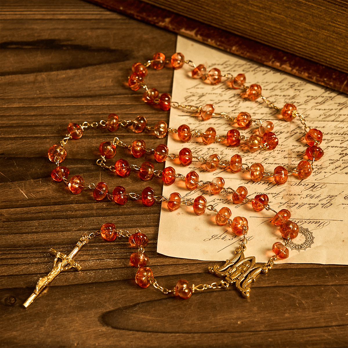 PRAYERFUL FAITH: Sacred Pumpkin Beads Rosary with Miraculous Medal and Cross