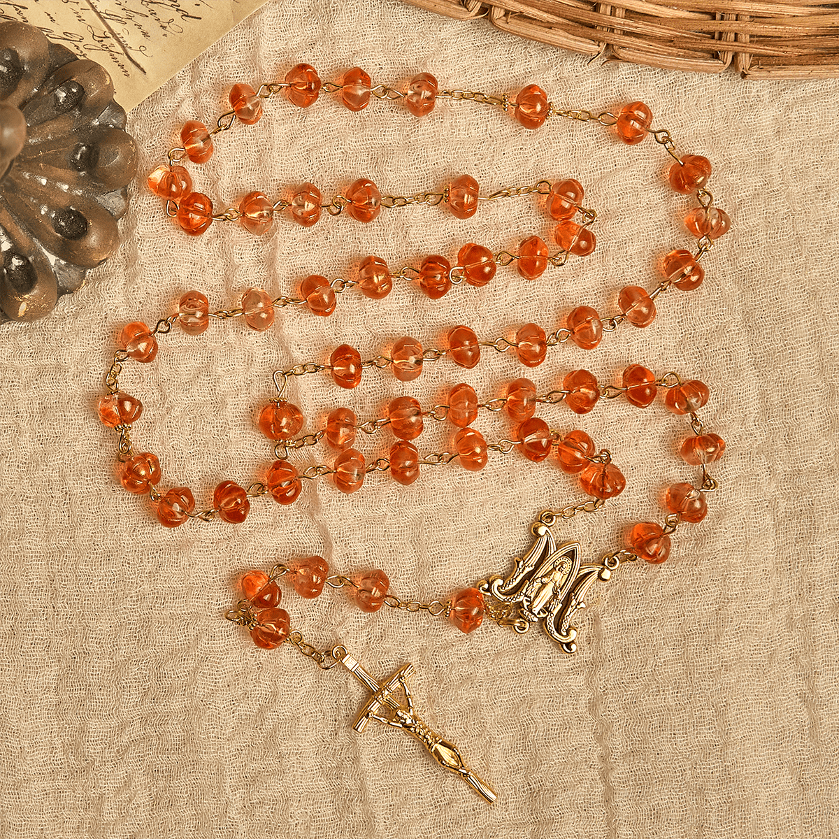 PRAYERFUL FAITH: Sacred Pumpkin Beads Rosary with Miraculous Medal and Cross